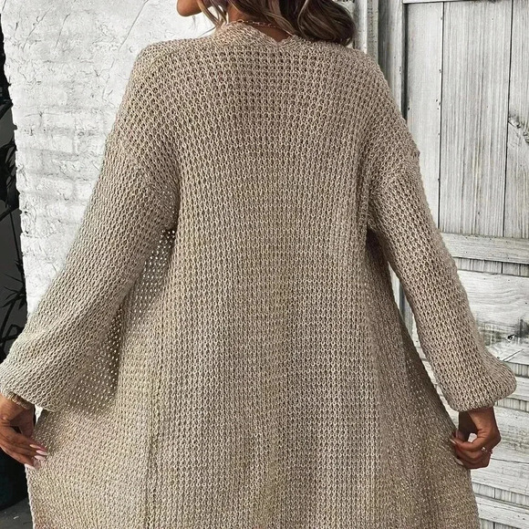 Khaki Casual Women's Drop Shoulder Design Cardigan - Picture 2 of 6